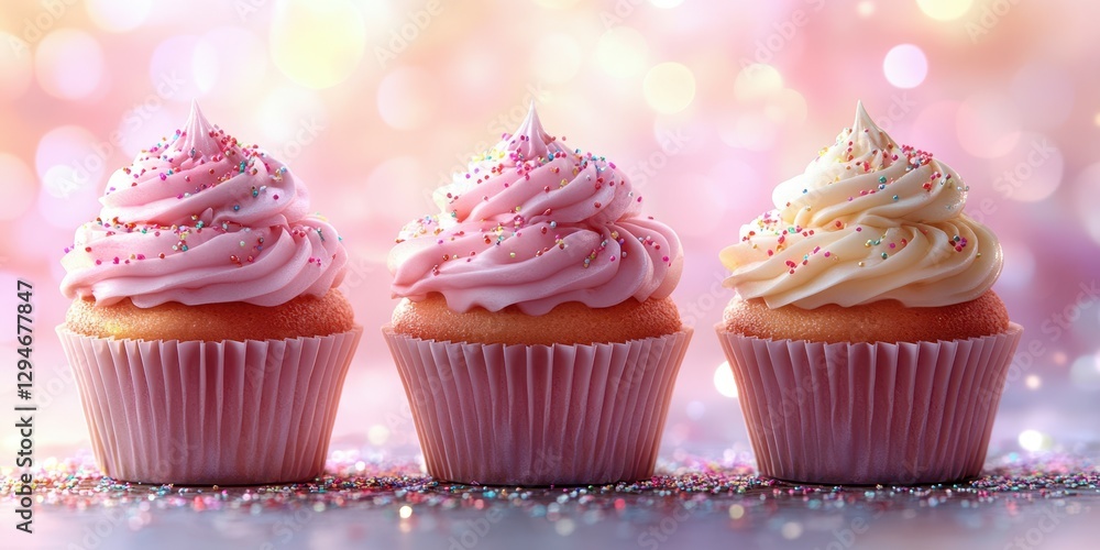 Colorful cupcakes with frosting and sprinkles displayed on a glittery background for a festive occasion Colorful cupcakes with frosting and sprinkles displayed on a glittery background for a festive occasion