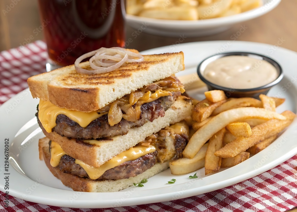 Delicious Double-Decker: A mouthwatering double-decker burger featuring layers of succulent patty, melted cheese, and caramelized onions, served with golden fries and a dipping sauce. Delicious Double-Decker: A mouthwatering double-decker burger featuring layers of succulent patty, melted cheese, and caramelized onions, served with golden fries and a dipping sauce.