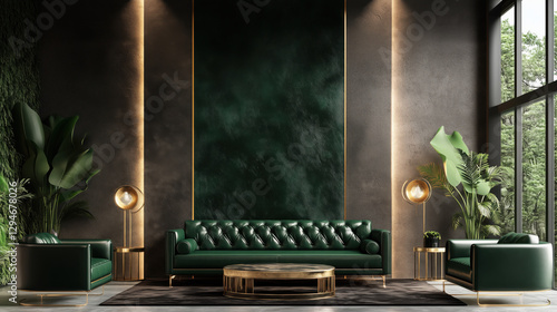 A Luxurious Business Lounge Featuring Deep Emerald Green and Gold Accents, Including a Dark Grey Stucco-Textured Wall, an Olive Green Leather Sofa, and Polished Brass Details Throughout