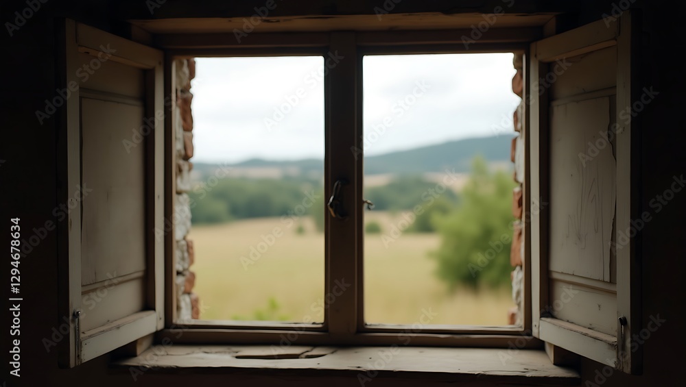 Fototapeta premium Rustic Window View: A Serene Countryside Panorama
