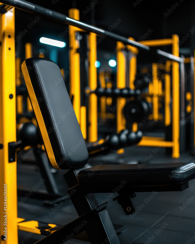 A focused shot of a gym bench in a well-equipped fitness area, highlighted by bright yellow and black equipment against a dark background.