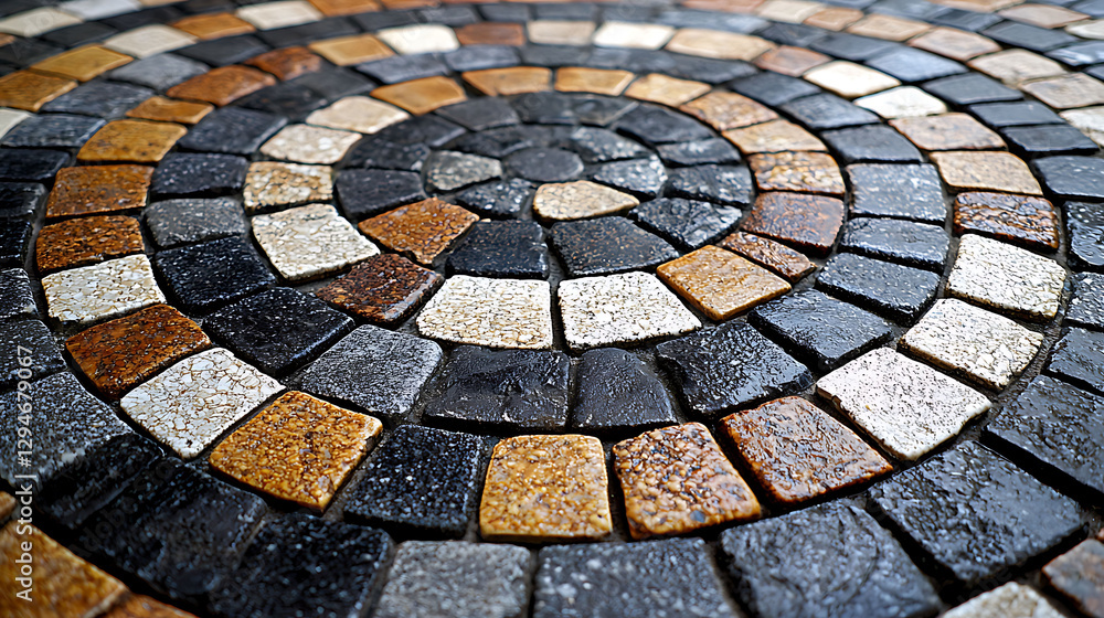 Abstract swirling stone mosaic. Multicolored cobblestone pavement design creates a captivating circular pattern, perfect for architectural, travel, or design concepts. Abstract swirling stone mosaic. Multicolored cobblestone pavement design creates a captivating circular pattern, perfect for architectural, travel, or design concepts.