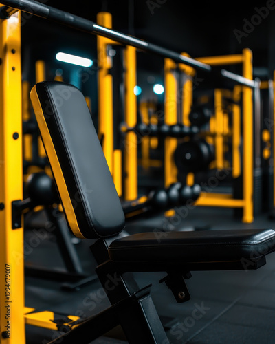 Obraz na płótnie A focused shot of a gym bench in a well-equipped fitness area, highlighted by bright yellow and black equipment against a dark background. w salonie