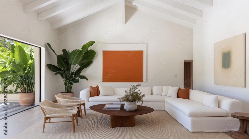 Fototapeta premium Serene Minimalist Living Room: A bright, airy living room features a minimalist design with a large white sectional sofa, a round wooden coffee table, and statement artwork.