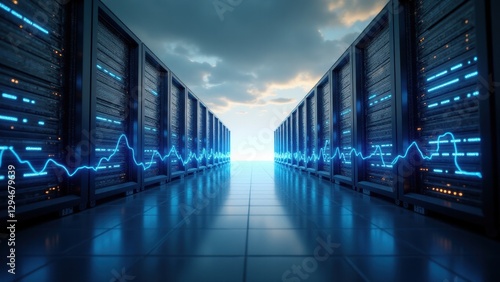 Single server stands under bright arcs of streaming data, emphasizing machine learning and real-time analytics in a simple, modern setup.