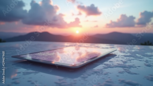 Futuristic tablet presents real-time analytics pulses alongside machine learning predictions, framed in a clean, minimal style.