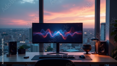 Minimal workspace showcases a curved screen of streaming data points, backed by machine learning algorithms for instant analytics.