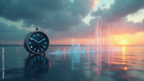 Plain backdrop features a digital clock alongside a floating chart of streaming data, showcasing machine learning-driven real-time analytics.