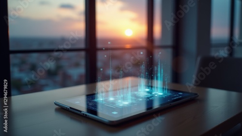 Top-down view of a tablet emphasizes machine learning integration, as streaming data flows converge on a focal node for immediate insights.