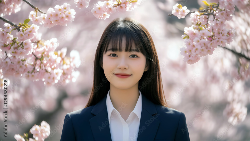 桜の下で微笑む女性