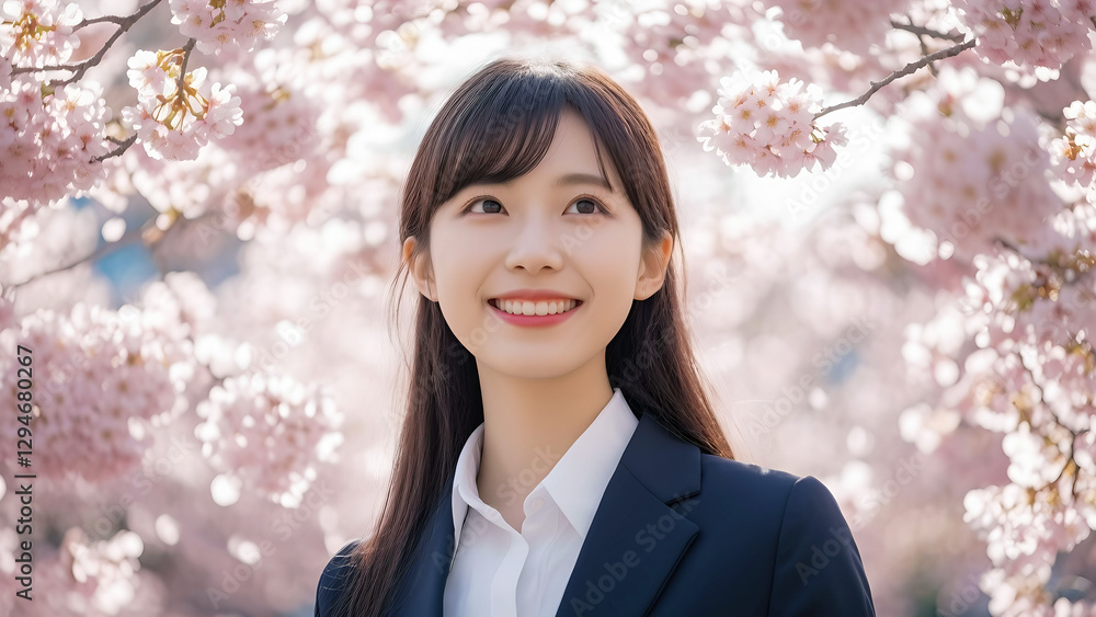 桜の下で微笑む希望に満ちた女性 桜の下で微笑む希望に満ちた女性