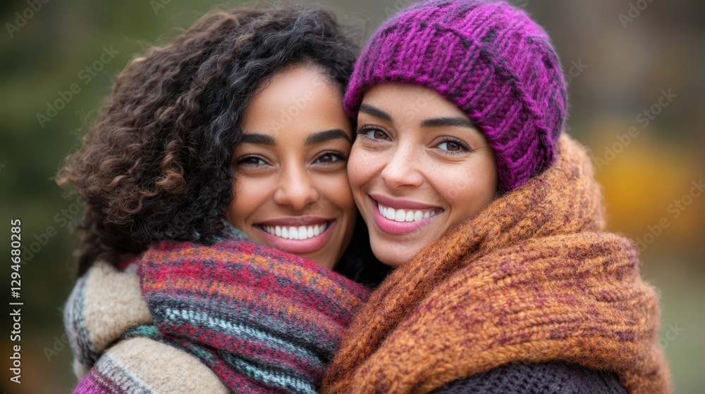 Radiant Smiles. Two Friends Embracing Warmth in Knit Scarves and Winter Hats Radiant Smiles. Two Friends Embracing Warmth in Knit Scarves and Winter Hats