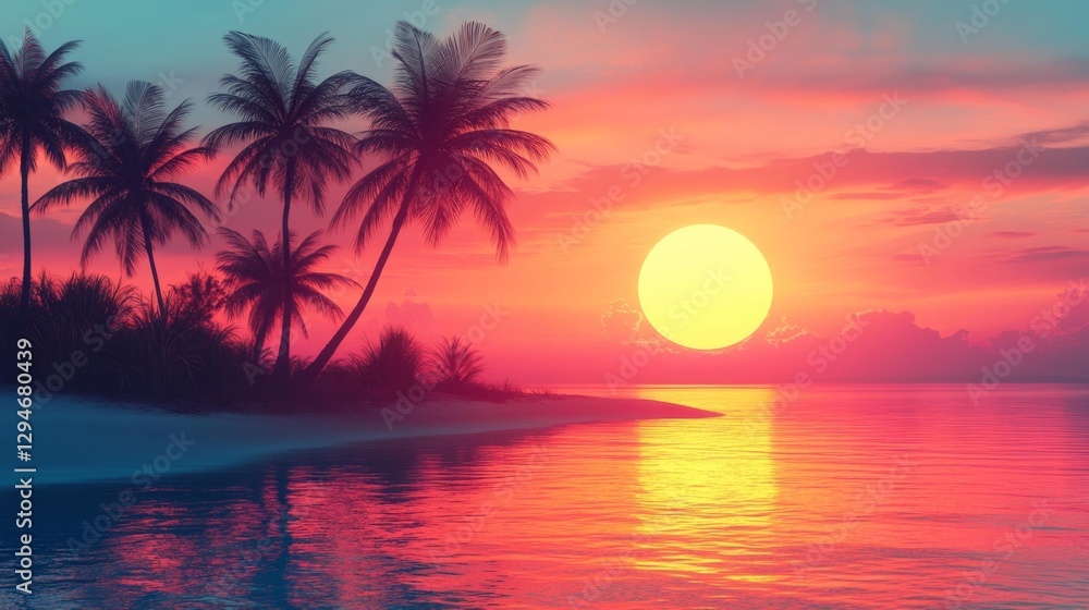 Tropical sunset with colorful sky and peaceful palm trees on the beach. Generative AI Tropical sunset with colorful sky and peaceful palm trees on the beach. Generative AI