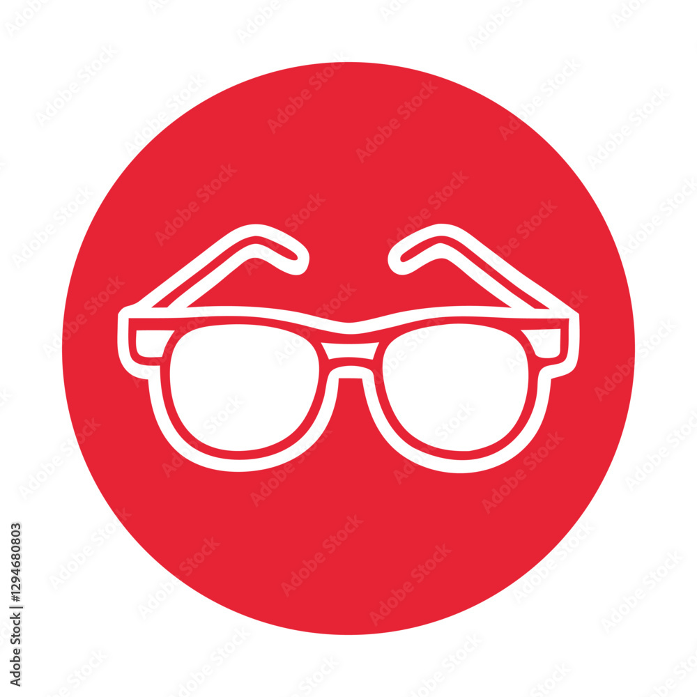 Sunglasses symbol vector. Simple icon of a sunglasses in red and white on a red circle background. Sunglasses symbol vector. Simple icon of a sunglasses in red and white on a red circle background.