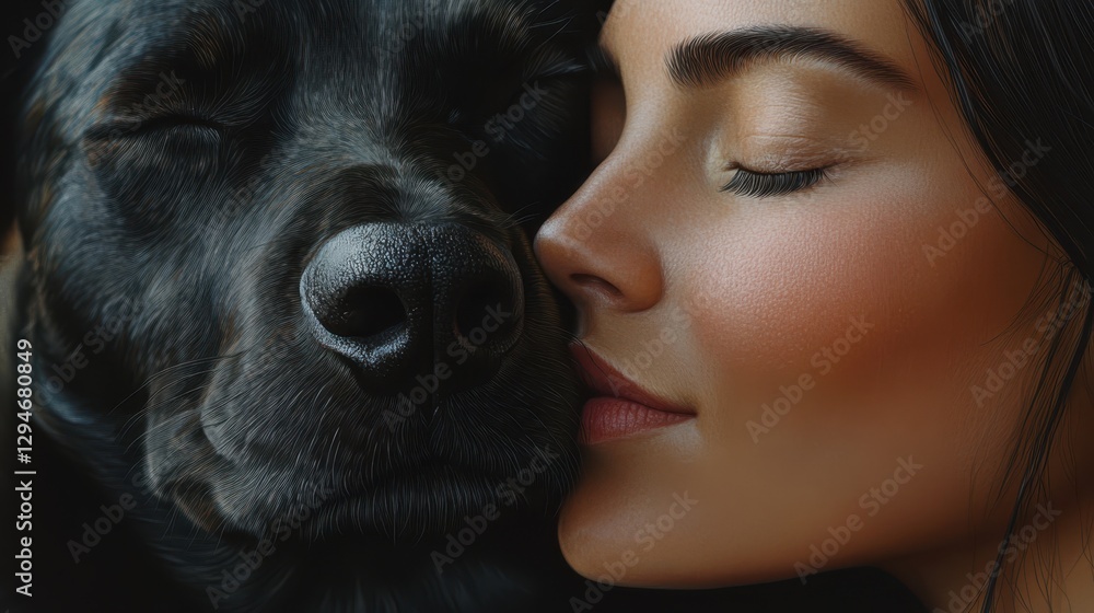 Obraz premium Girl Hugging Dog. Close-up of Affectionate Bond, Showing Tenderness and Gentle Connection Between Person and Pet