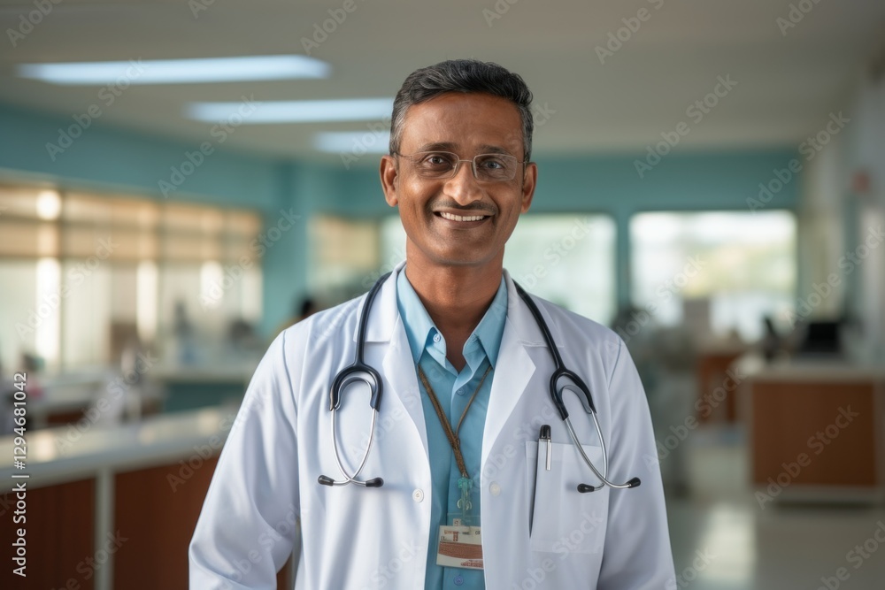 Portrait of smiling male doctor with stethoscope at hospital corridor. Healthcare. Medical concept with copy space. Portrait of smiling male doctor with stethoscope at hospital corridor. Healthcare. Medical concept with copy space.