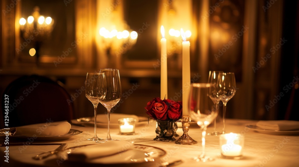 Romantic Dining Setting with Warm Candlelight Atmosphere Romantic Dining Setting with Warm Candlelight Atmosphere