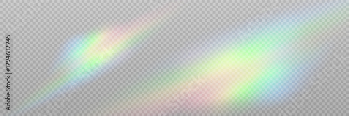 Rainbow light prism effect, transparent background. Hologram reflection, crystal flare leak shadow overlay.	