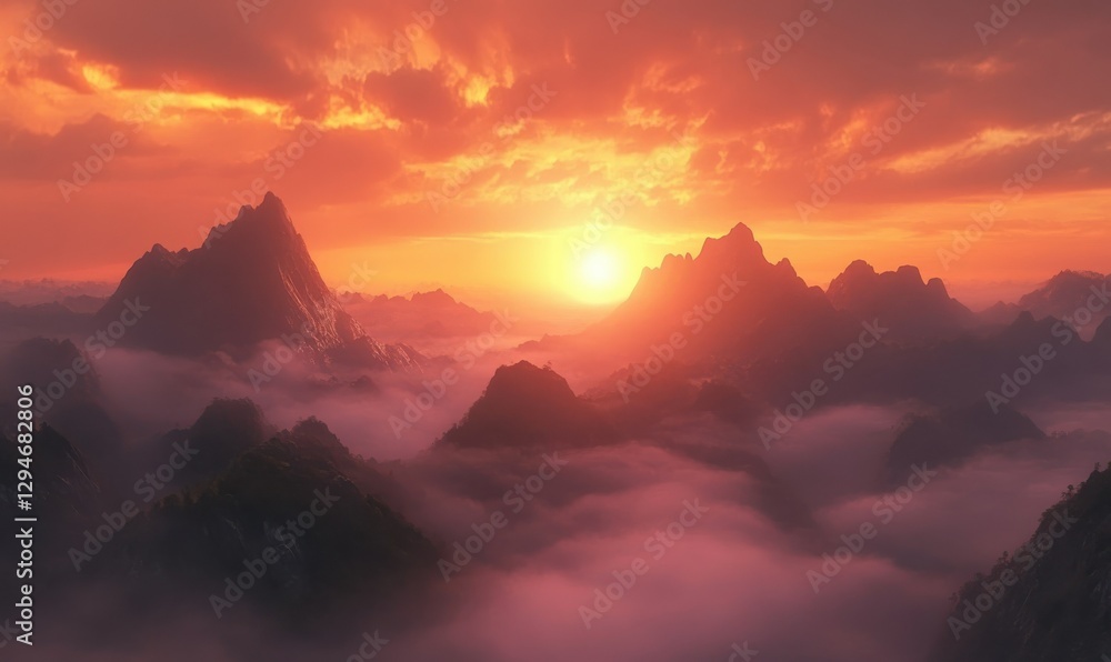 Atmospheric sunset glowing over serene mountain peaks, with layers of mist creating a tranquil natural landscape Atmospheric sunset glowing over serene mountain peaks, with layers of mist creating a tranquil natural landscape