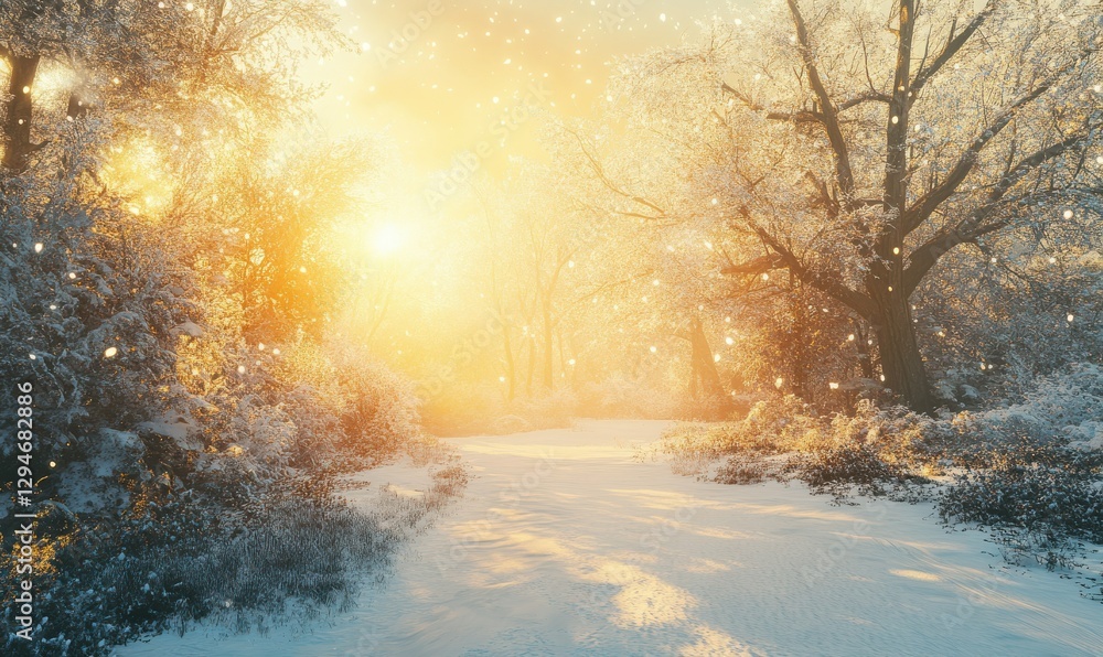 Atmospheric snow-covered forest glowing softly under golden winter sunlight, creating a serene and tranquil natural scene Atmospheric snow-covered forest glowing softly under golden winter sunlight, creating a serene and tranquil natural scene