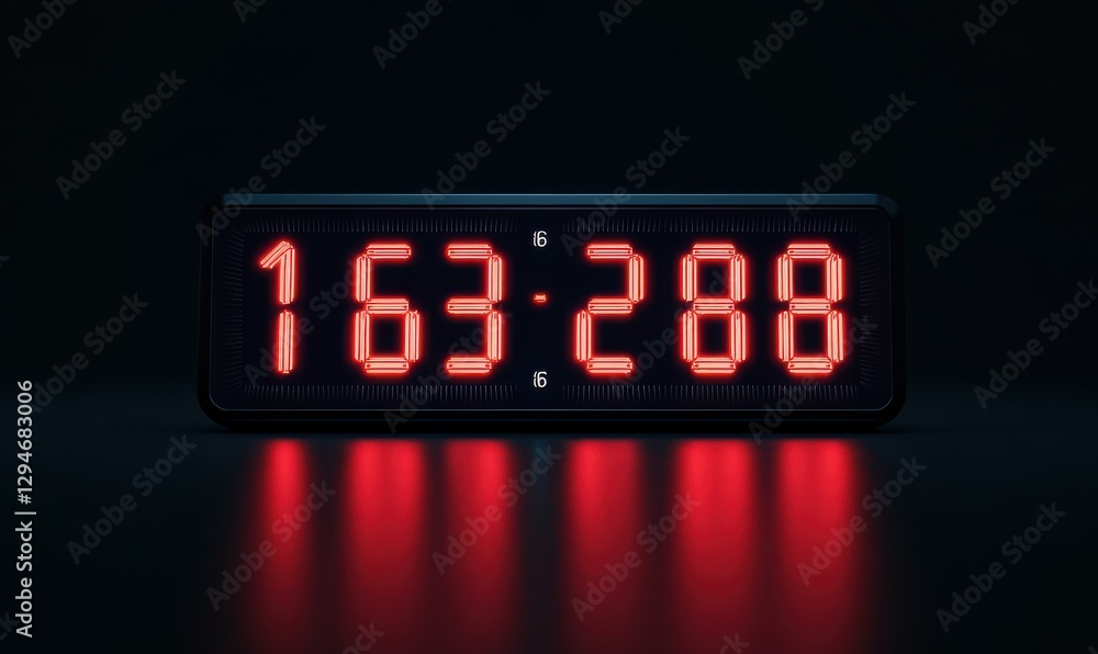 Black digital clock with bright red LED numbers glowing against a dark background, symbolizing futuristic design. Black digital clock with bright red LED numbers glowing against a dark background, symbolizing futuristic design.