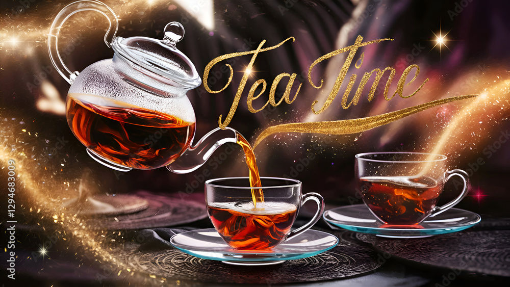 delightful relax ritual with two cups of black tea and kettle. Labeled