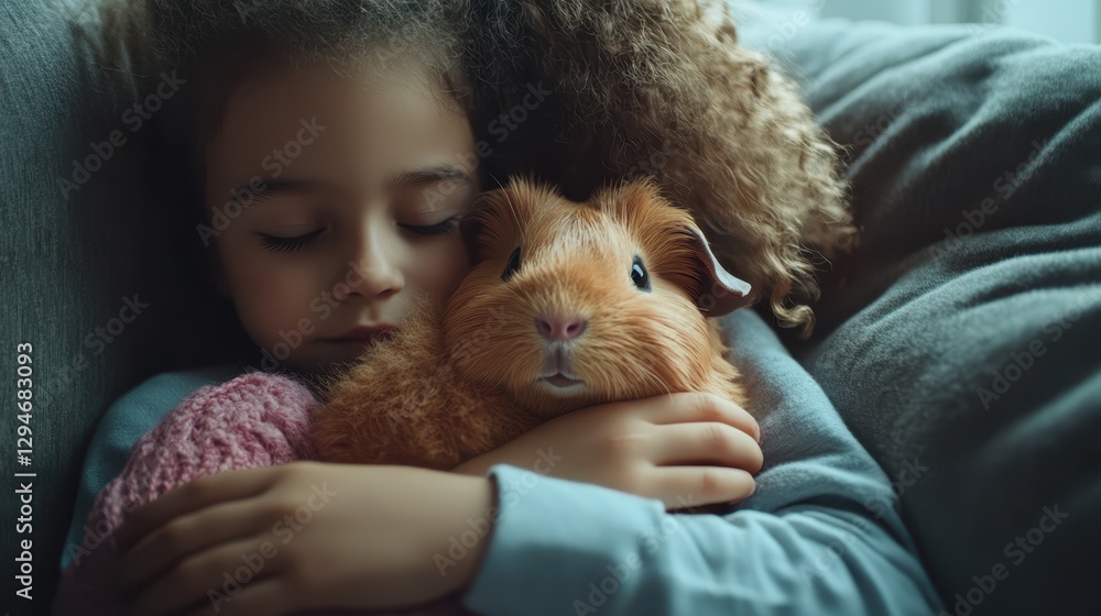 Girl Hugging Guinea Pig. Child's Gentle Affection and Cuddle With Furry Pet Companion, Love Girl Hugging Guinea Pig. Child's Gentle Affection and Cuddle With Furry Pet Companion, Love