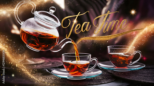 Obraz na płótnie delightful relax ritual with two cups of black tea and kettle. Labeled