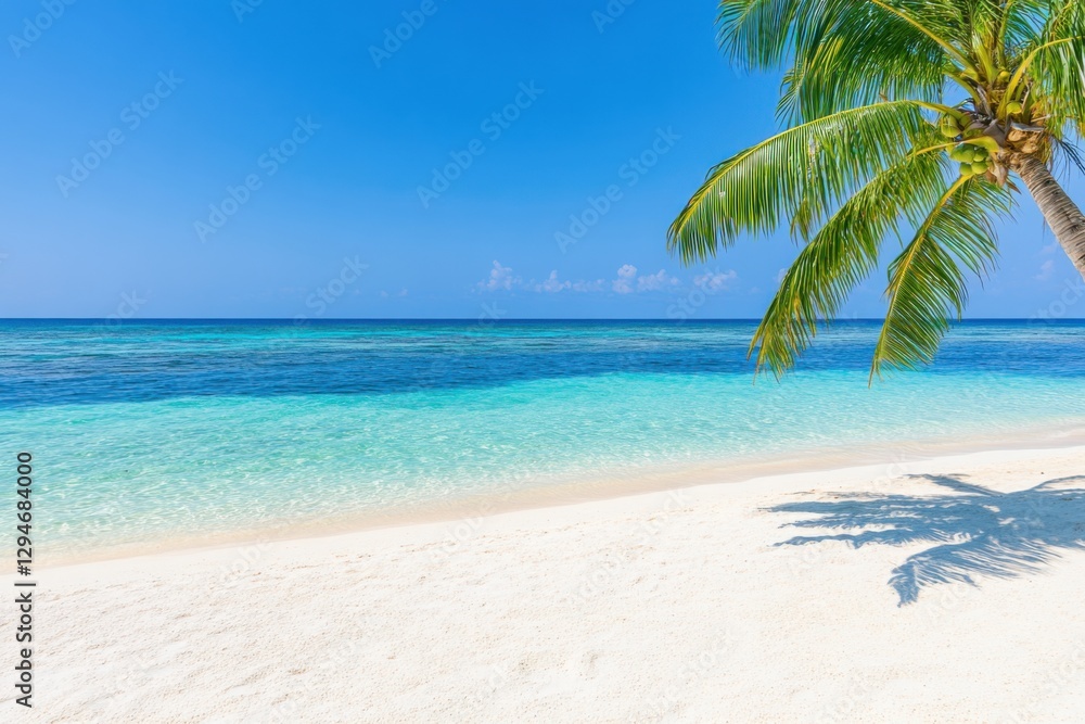 Clear blue waters meet white sandy beach under a bright sky with gentle palm trees swaying in the breeze Clear blue waters meet white sandy beach under a bright sky with gentle palm trees swaying in the breeze