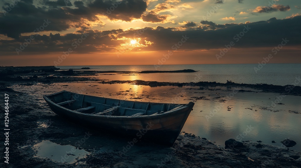 Solitary boat on tranquil beach at sunset. Solitary boat on tranquil beach at sunset.