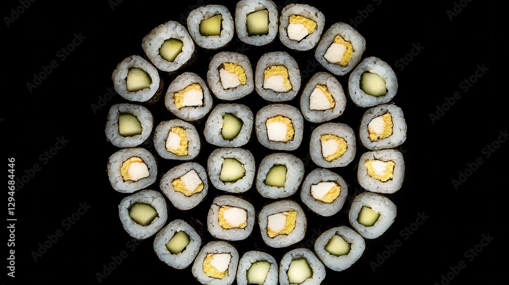 Artistic Presentation of Sushi Rolls in Circular Design Artistic Presentation of Sushi Rolls in Circular Design