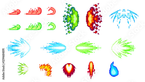 Set of special effects in retro 8-bit gaming pixel art style