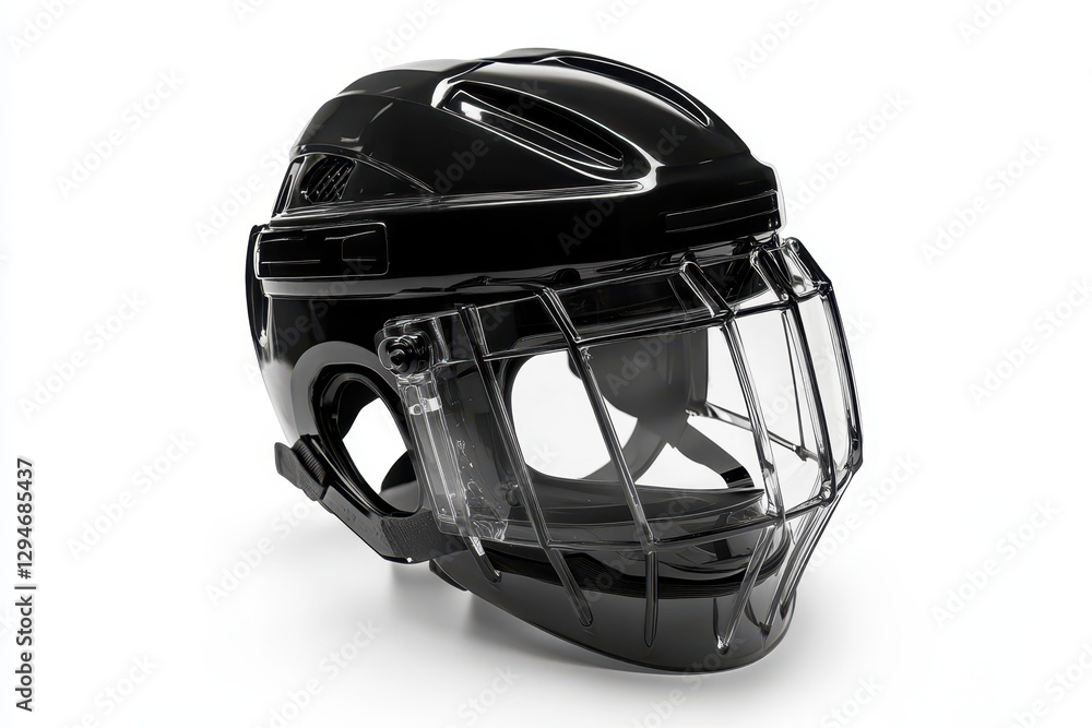 Naklejka premium Sleek Black Hockey Helmet with Visor for Ultimate Protection, Isolated on Clean White Background