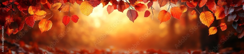 Fototapeta premium Vibrant Autumn Leaves Frame Golden Sunset Background. Generative AI