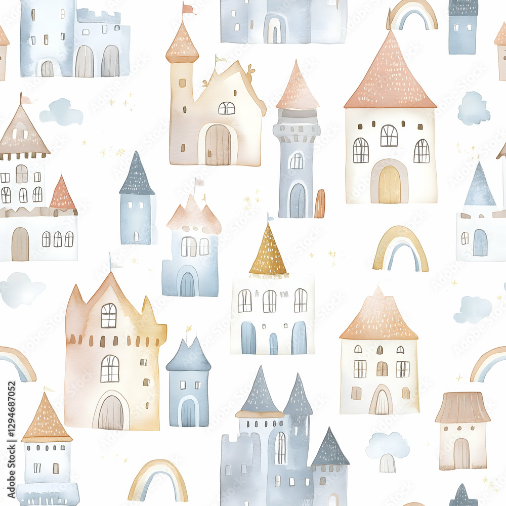 Fototapeta premium Whimsical watercolor village pattern featuring charming houses and vibrant rainbows. Seamless pattern. Generative AI