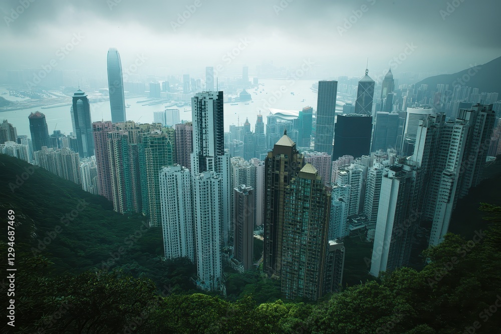 Obraz premium Scenic View of Victoria Peak Tram in Hong Kong, Showcasing Urban Skyline and Serene Landscape