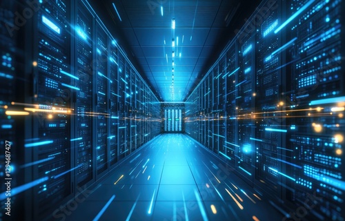 Wallpaper Mural A futuristic data center with glowing blue and orange lights, high-speed digital connections, and advanced servers. Ideal for AI, cybersecurity, and cloud computing themes Torontodigital.ca