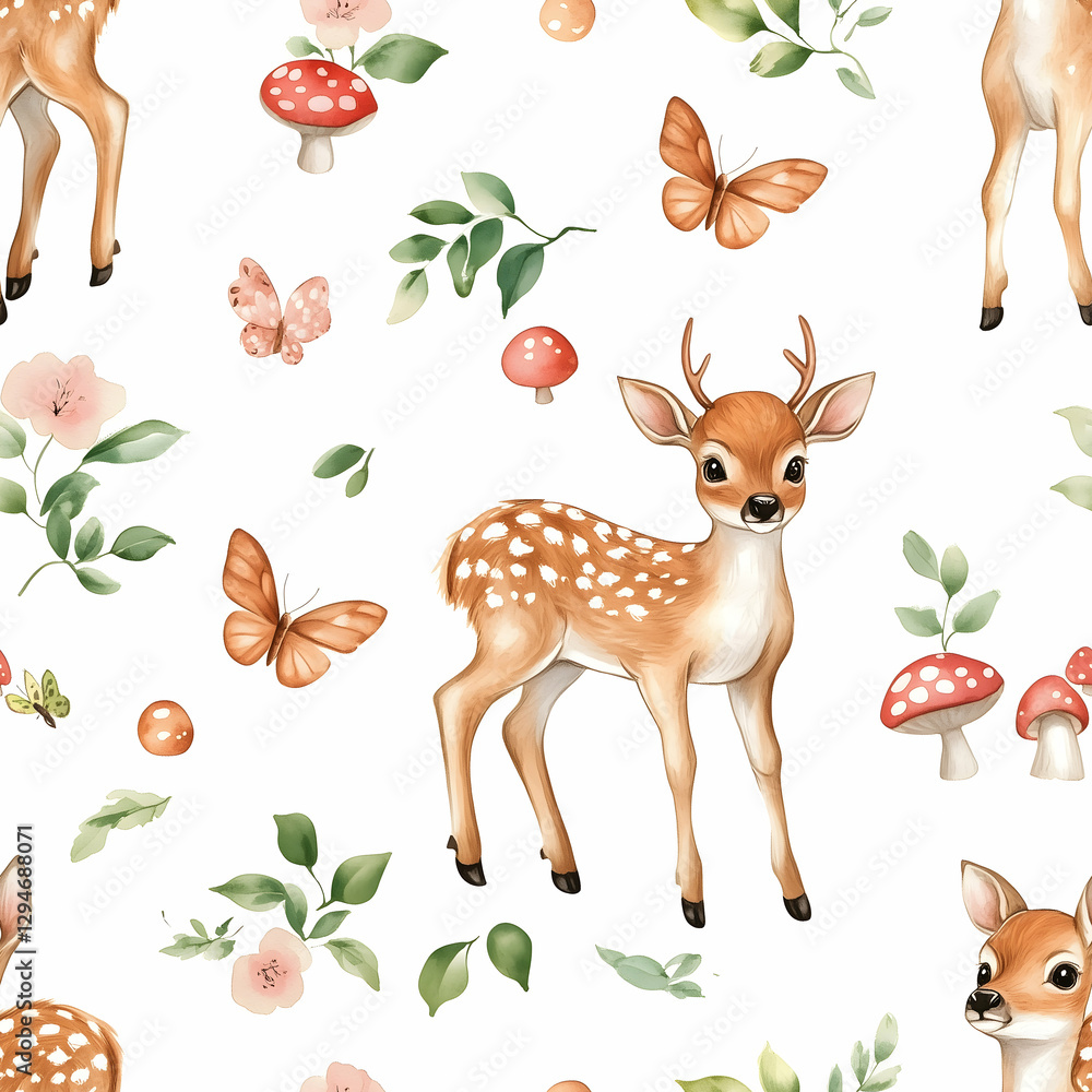 Fototapeta premium Delicate illustrations capture a serene woodland theme with playful fawns, vibrant butterflies, and lush green leaves. Seamless pattern. 