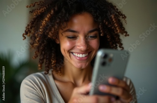 Happy young woman looking at cell phone. Smiling curly woman texting, close up