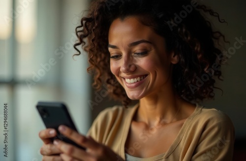 Happy young woman looking at cell phone. Smiling curly woman texting, close up