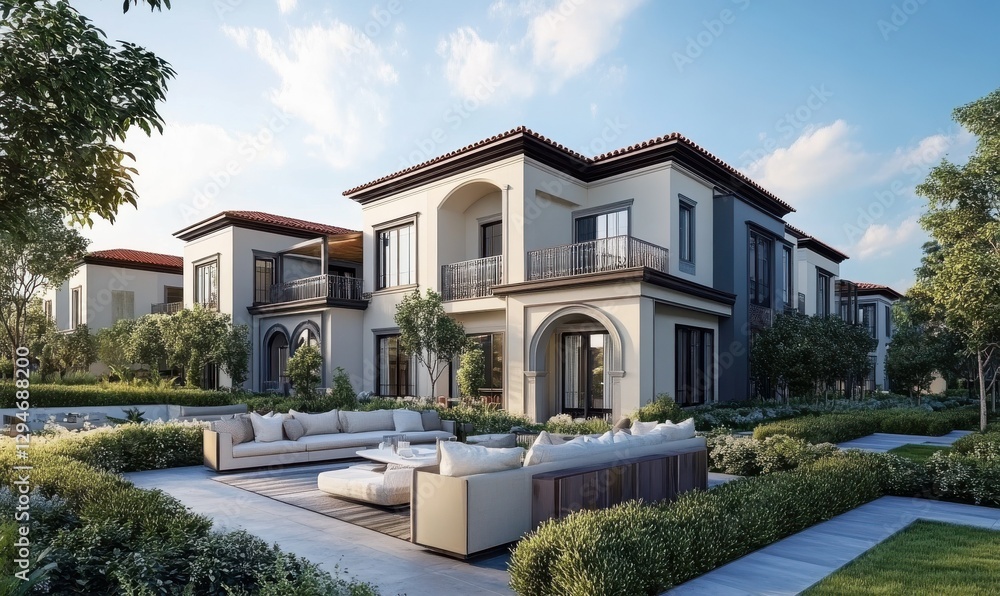 Two-story modern house with yard and outdoor seating area. Two-story modern house with yard and outdoor seating area.