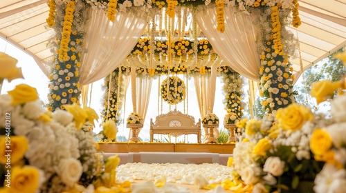 Beautiful Indian wedding decoration with yellow and white flowers on the mandap.