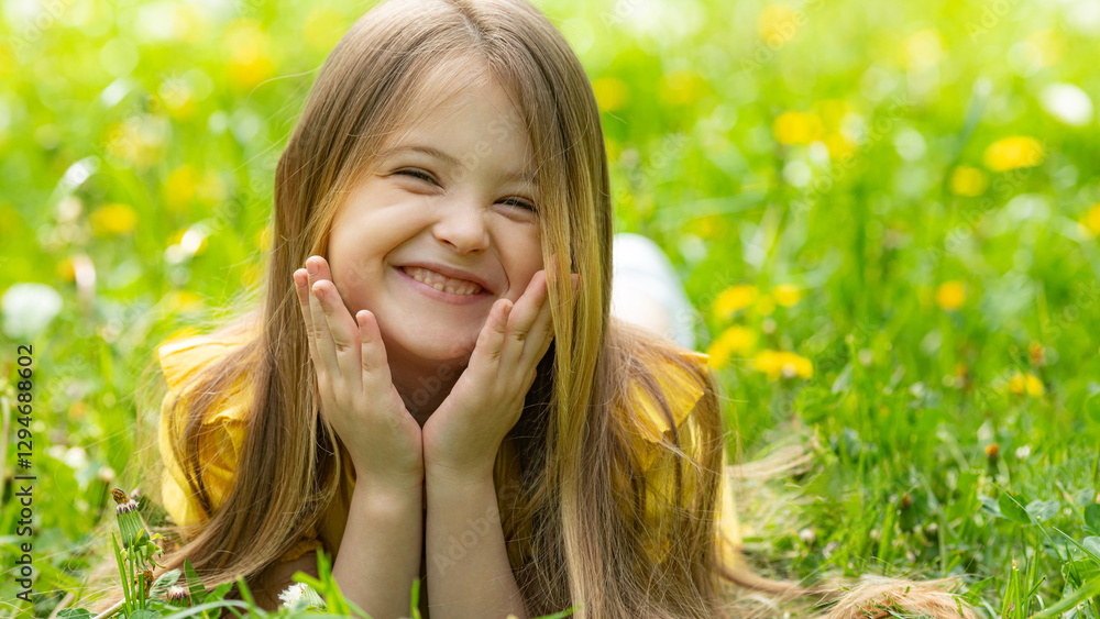 Portrait of little cute girl lying with dandelions on the grass. Happy smiling girl lies on the grass among yellow flowering dandelions in the park. Spring concept. Happy life without allergy. Freedom Portrait of little cute girl lying with dandelions on the grass. Happy smiling girl lies on the grass among yellow flowering dandelions in the park. Spring concept. Happy life without allergy. Freedom