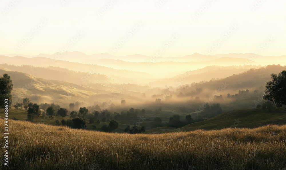 Rolling hills and misty valley under a golden morning sky. Rolling hills and misty valley under a golden morning sky.