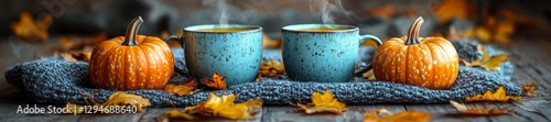 Relaxing autumn picnic with steaming mugs pumpkins and colorful leaves. Generative AI photo