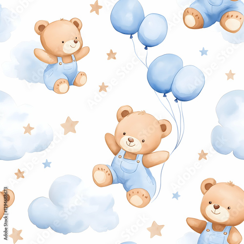 Cheerful bears in overalls floating with balloons amidst fluffy clouds and soft stars. Seamless pattern. Generative AI