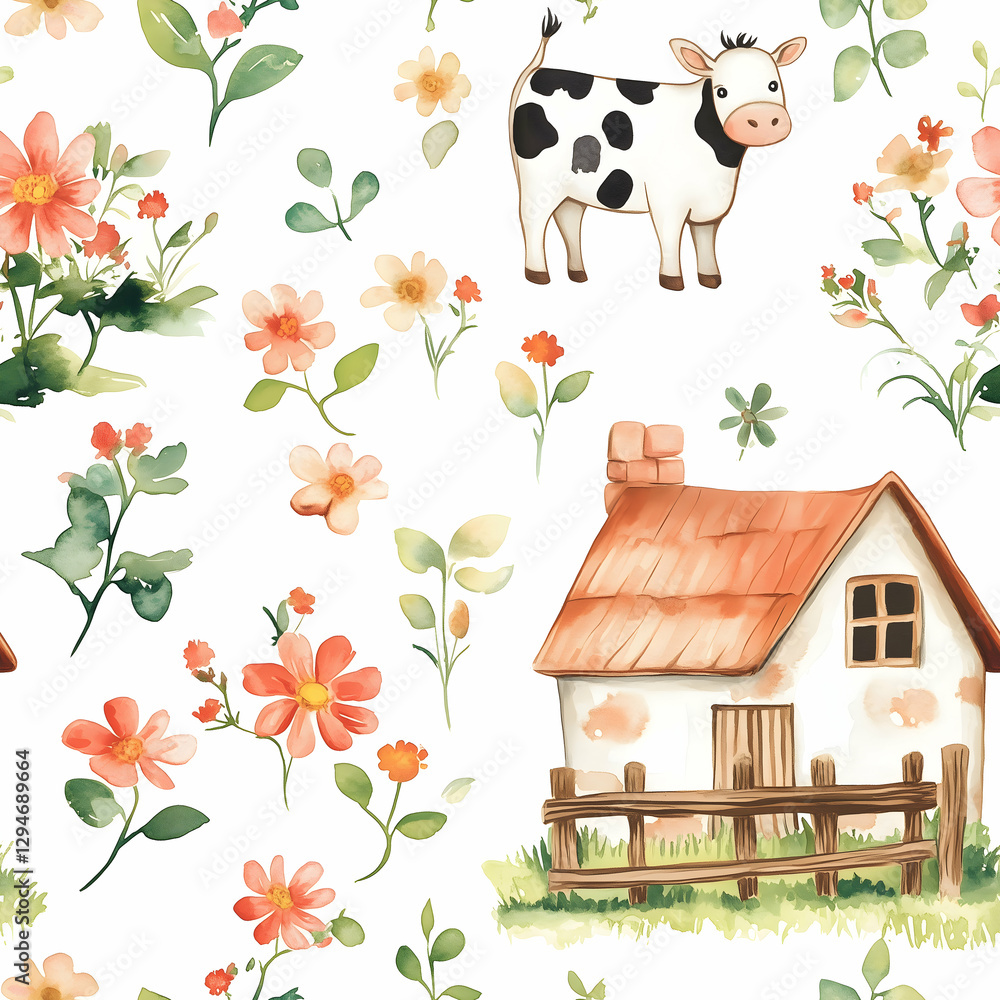 Fototapeta premium Charming countryside pattern featuring flowers, a quaint house, and a playful cow in a whimsical design. Seamless pattern. Generative AI