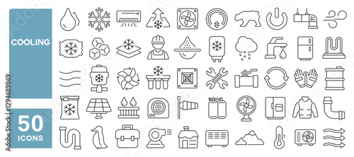 Set of 50 line icons related to cooling, cool, fridge, freezer, airflow, snow, cold, ventilation, breeze, vent, unit, snowflake, Editable stroke. Vector illustration