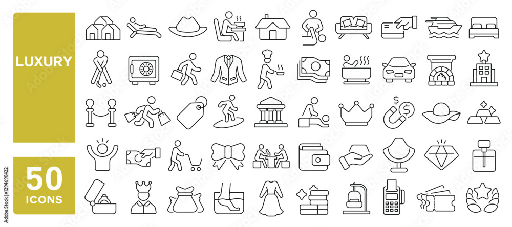 Set of 50 line icons related to luxury, rich, gold, wealth, money, affluence, expensive, villa, car, yacht, diamond, luxurious, Editable stroke. Vector illustration Set of 50 line icons related to luxury, rich, gold, wealth, money, affluence, expensive, villa, car, yacht, diamond, luxurious, Editable stroke. Vector illustration