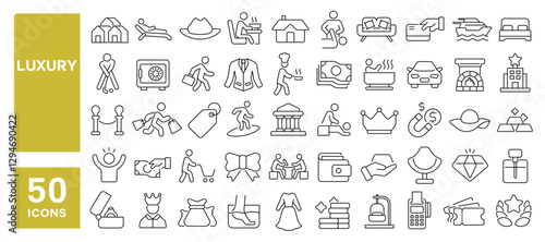 Set of 50 line icons related to luxury, rich, gold, wealth, money, affluence, expensive, villa, car, yacht, diamond, luxurious, Editable stroke. Vector illustration